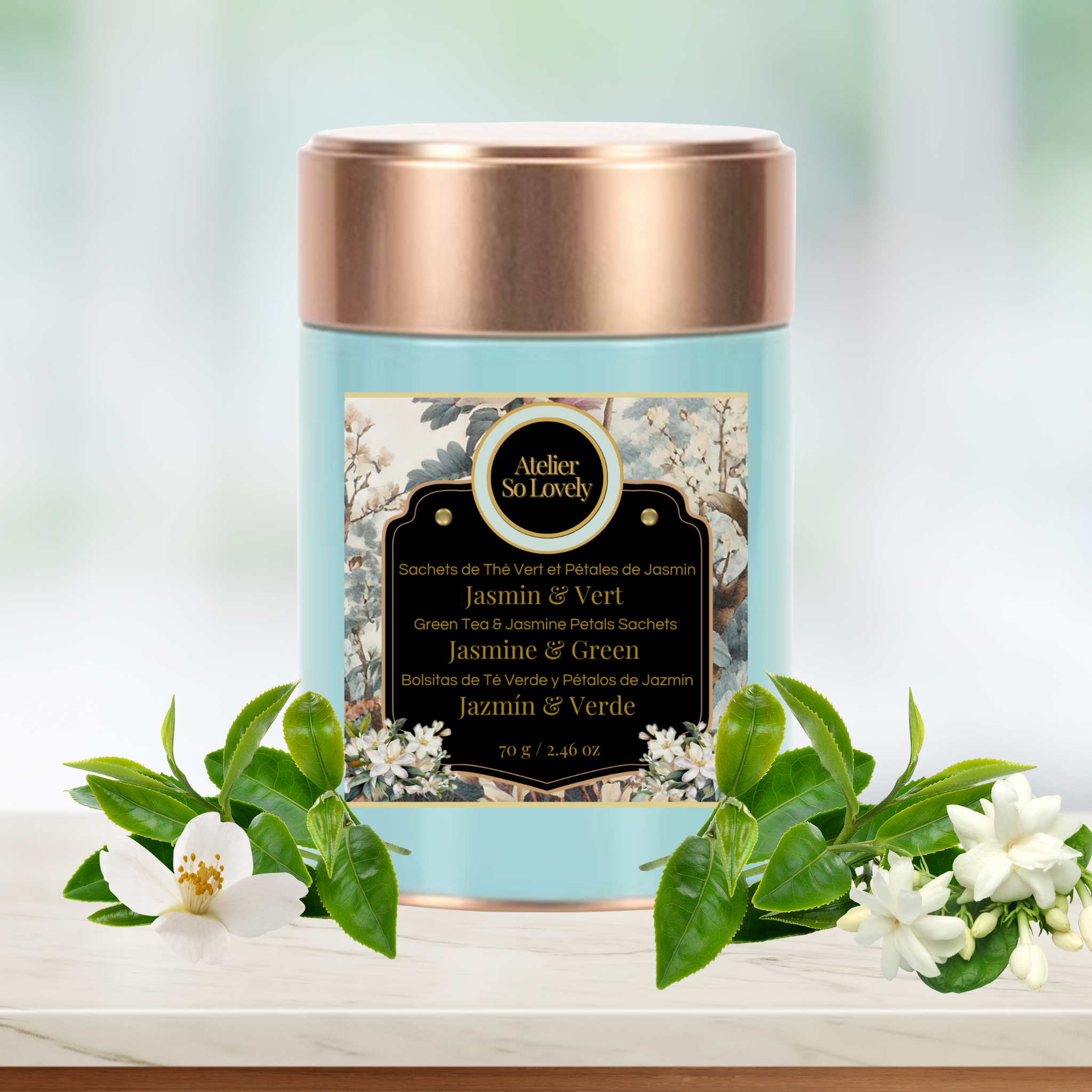 Elegant jasmine green tea – artisan blend by Atelier So Lovely in custom tin 

