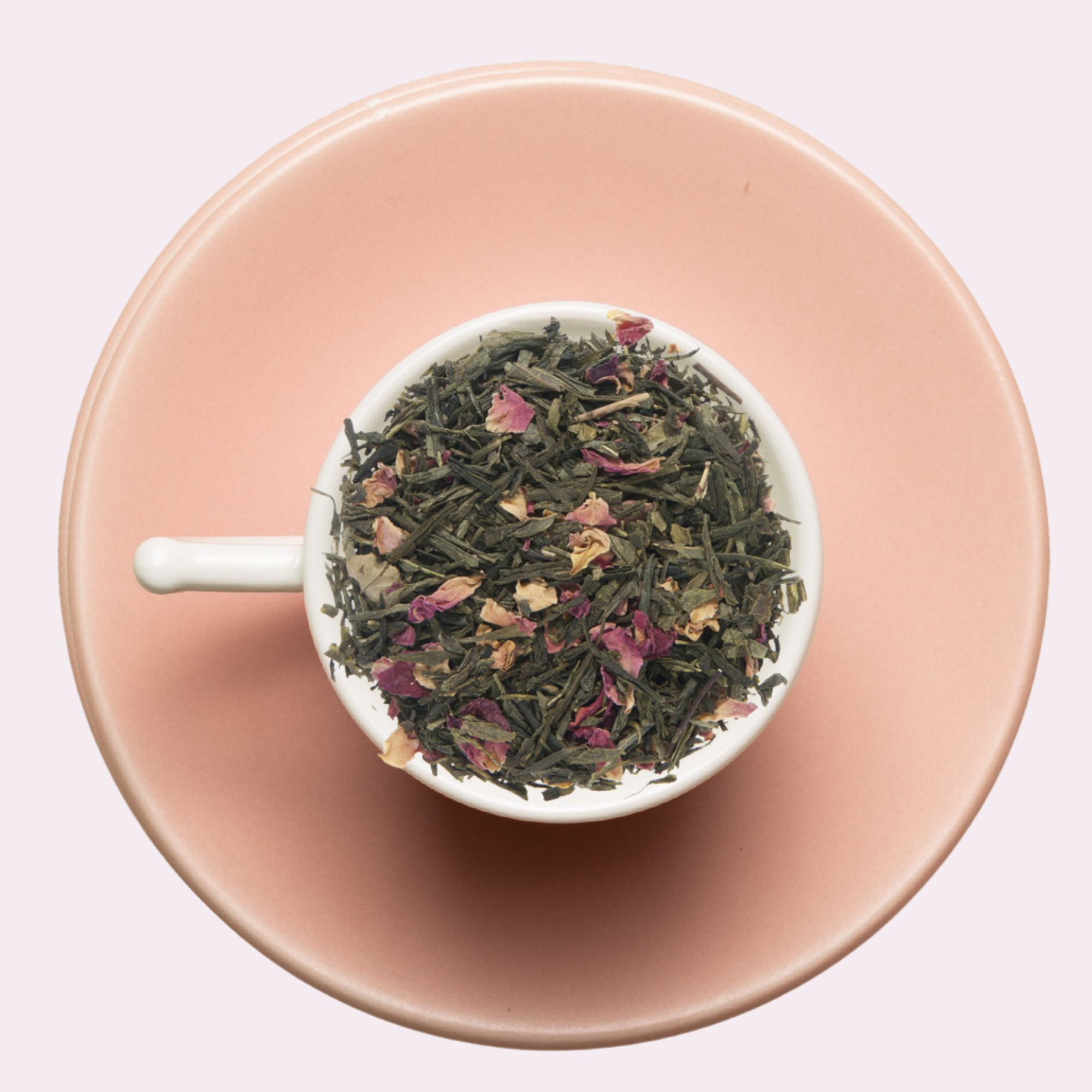 Loose leaf organic green tea blend with pink rose petals – inspired by cherry blossom season

