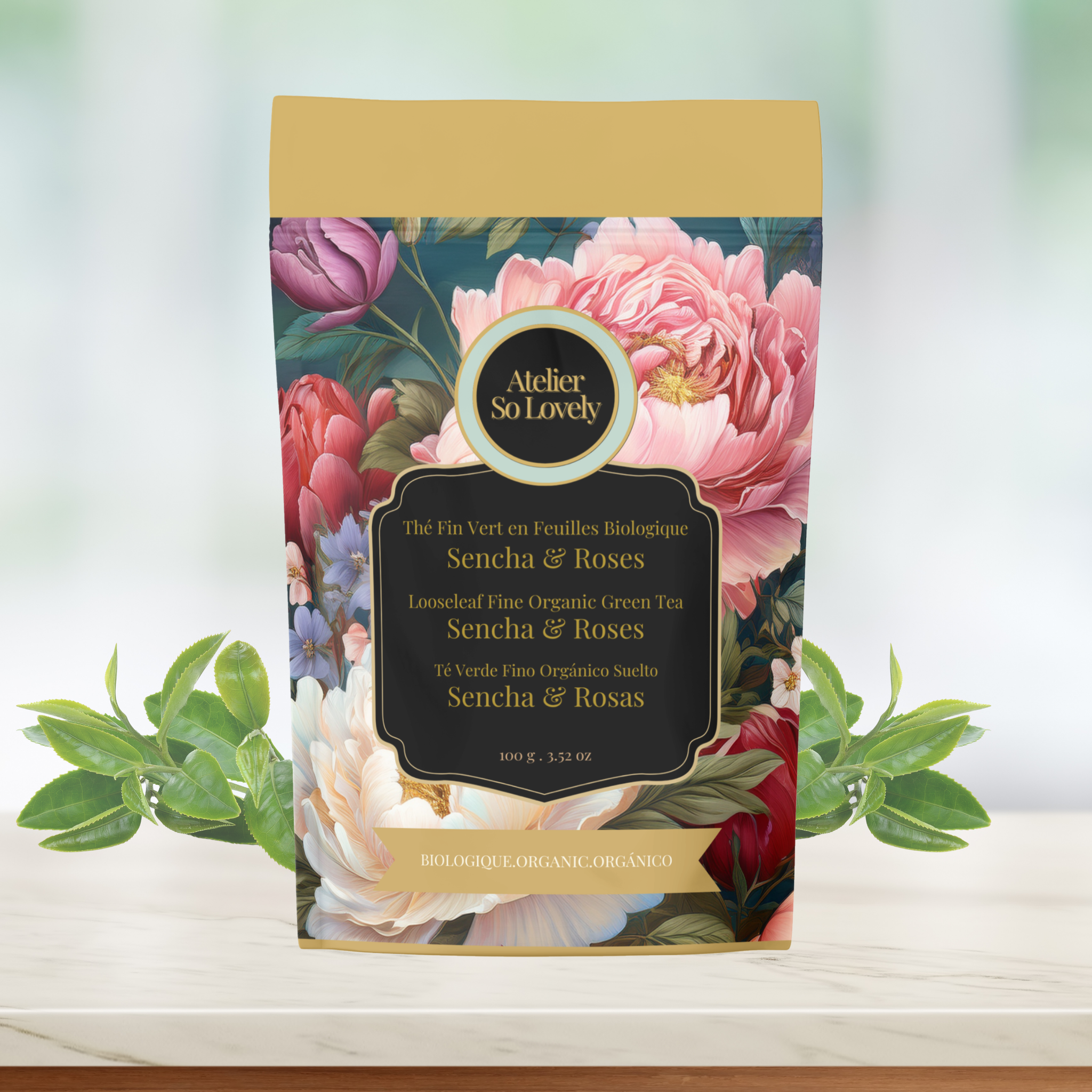 Organic Sencha green tea with rose petals and cherry aroma in loose leaf form