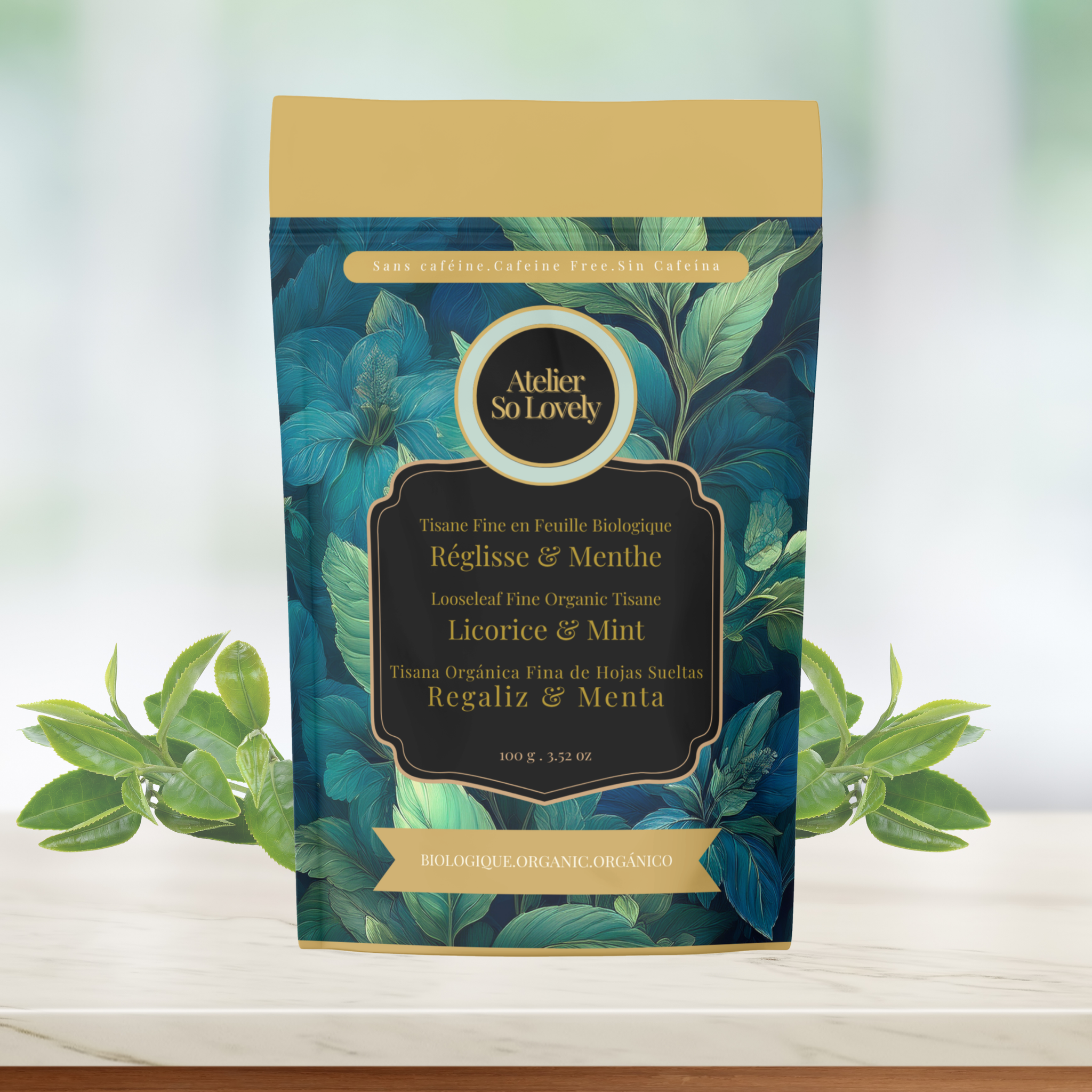 Peppermint and licorice root herbal tea – caffeine-free organic blend by Atelier So Lovely"

"Caffeine-free digestive tea with licorice and mint – naturally sweet and soothing"